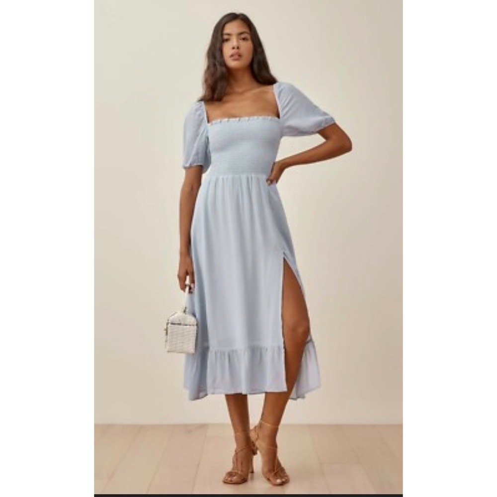 Reformation Light Blue Smocked Puff Sleeve Midi Dress Ruffle Hem Slit Small